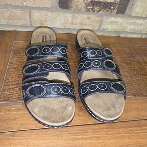 Clarks Leisa Cacti Slide Black Leather Slip On‎ Comfort Sandals Size 12 Open Toe